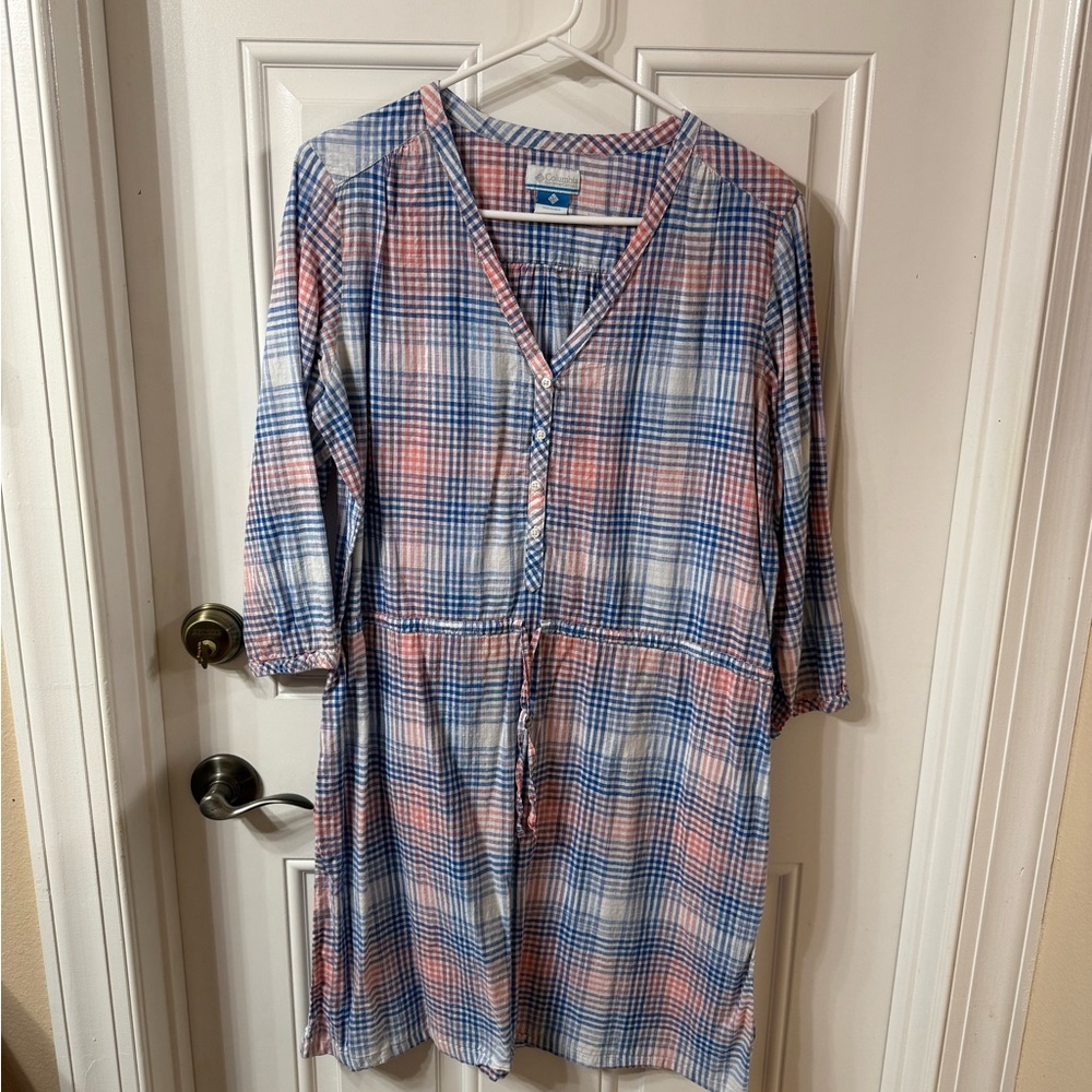 Columbia White, Pink and Blue Multicolor Plaid Cotton Drawstring Dress, Size L